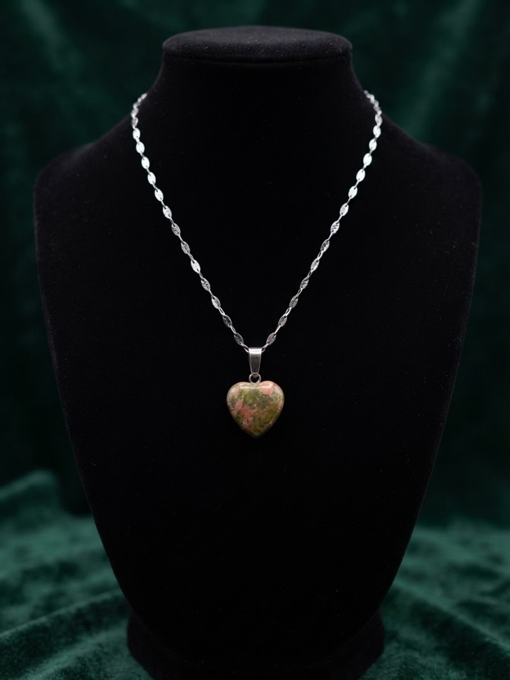 Heart Stone Pendant Necklacey - Pink and Green Unakite Heart on Silver Chain
